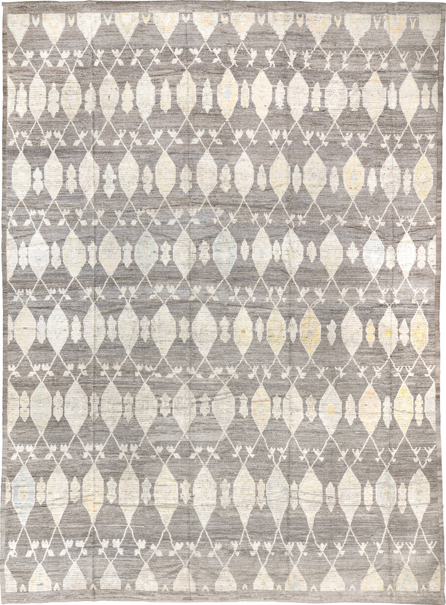 14' x 19' one-of-a-kind handmade vintage Tulu oversize rug. Color palette: dark gray, gainsboro, gray, light gray, off-white