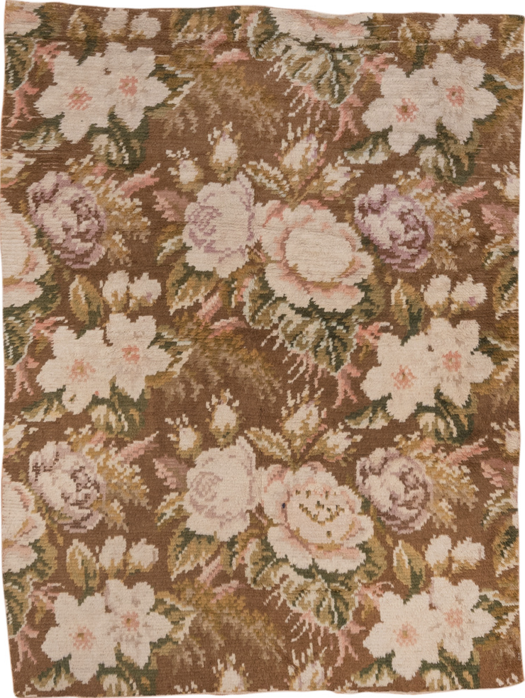 5' x 6' one-of-a-kind handmade vintage Rya-Swedish rug. Color palette: brown, gray, off-white, orange, pink, rosy brown