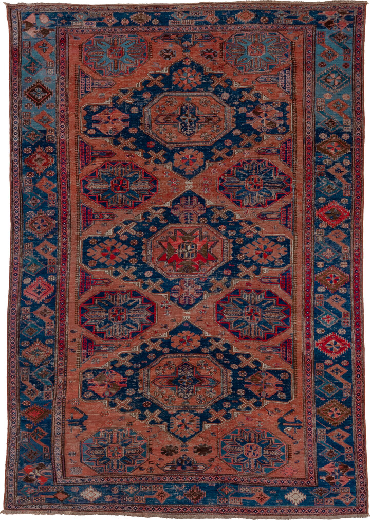 6' x 9' one-of-a-kind handmade vintage Sumak medium size rug. Color palette: arapawa, blue, brown, burgundy, gray, pink, red