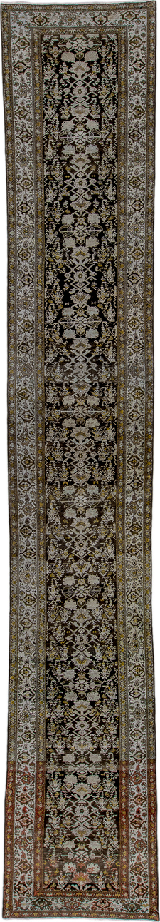 2' x 16' one-of-a-kind handmade vintage Malayer runner rug. Color palette: gray, black, light gray, off-white, silver