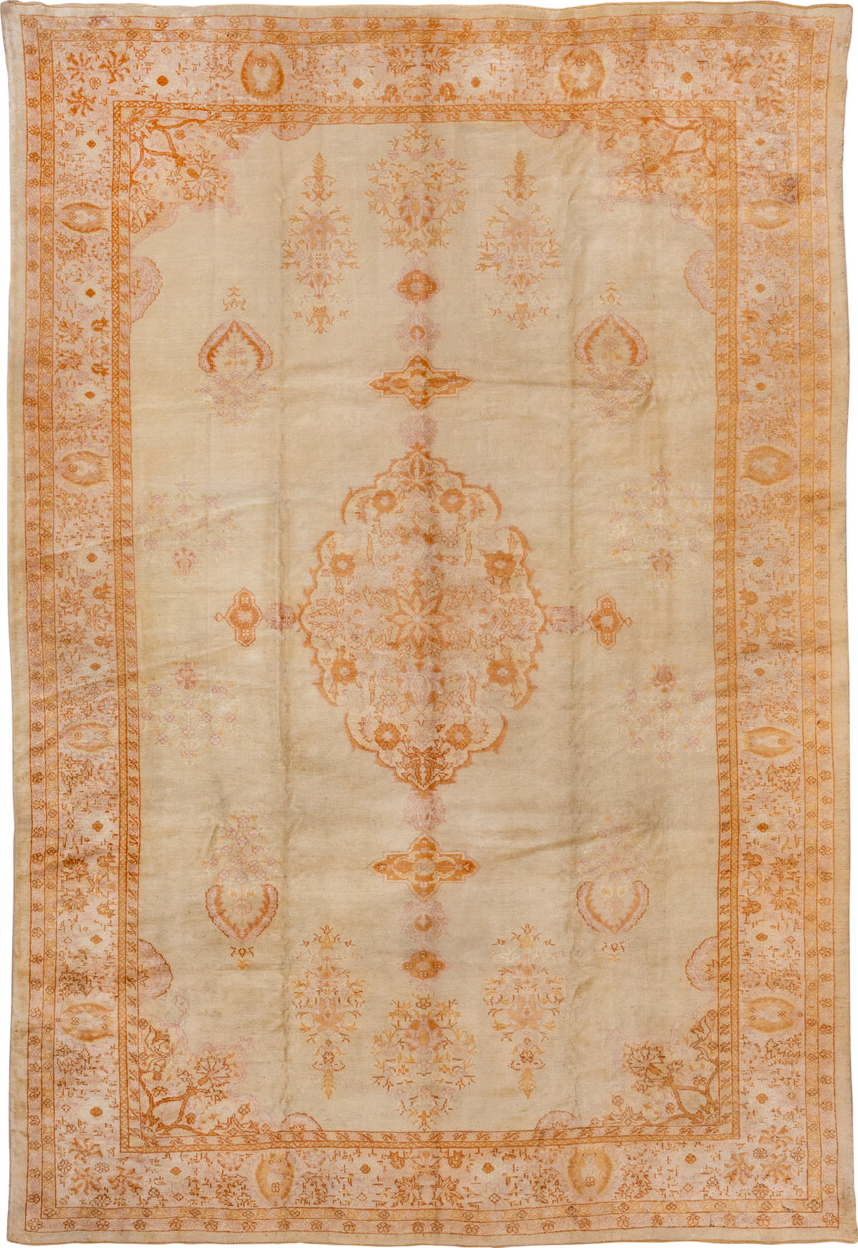 9' x 14' one-of-a-kind handmade vintage Oushak large size rug. Color palette: brown, off-white, orange, peru, saddle brown