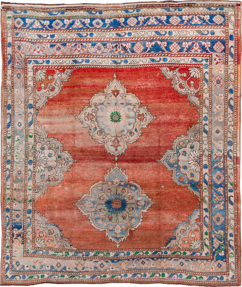 7' x 8' one-of-a-kind handmade vintage Oushak rug. Color palette: blue, brown, gray, light gray, off-white, pink, red