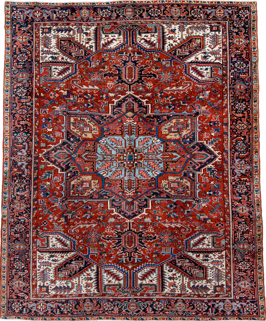 8' x 11' one-of-a-kind handmade vintage Heriz large size rug. Color palette: beige, blue, brown, cadet blue, dim gray, gray