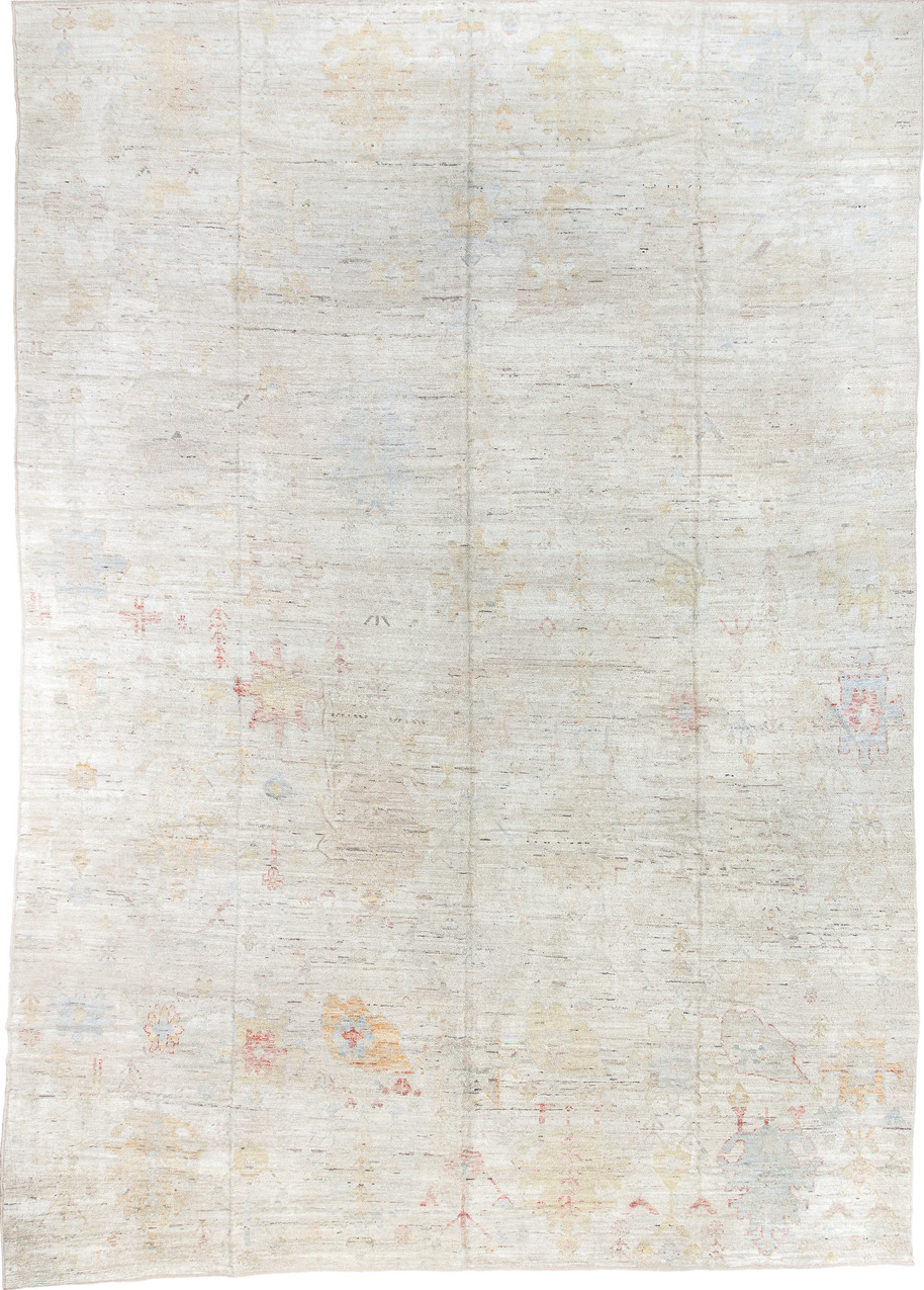 13' x 19' one-of-a-kind handmade vintage Tulu oversize rug. Color palette: black, blue, brown, dark gray, gray, light gray