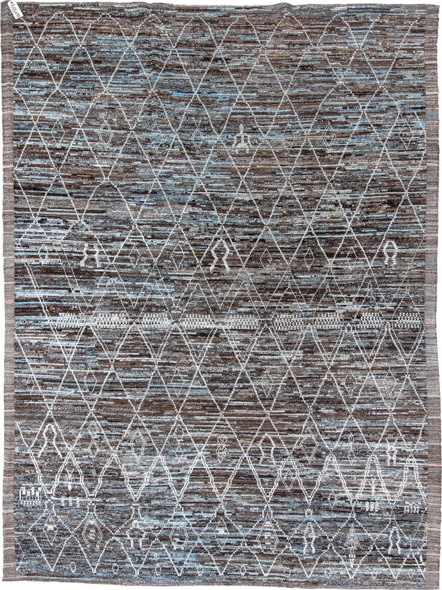 10' x 13' one-of-a-kind handmade vintage Tulu large size rug. Color palette: arapawa, black, blue, brown, charcoal