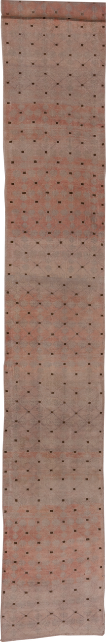 2' x 19' one-of-a-kind handmade vintage Oushak runner rug. Color palette: brown, gray, light gray, off-white, pink, snow