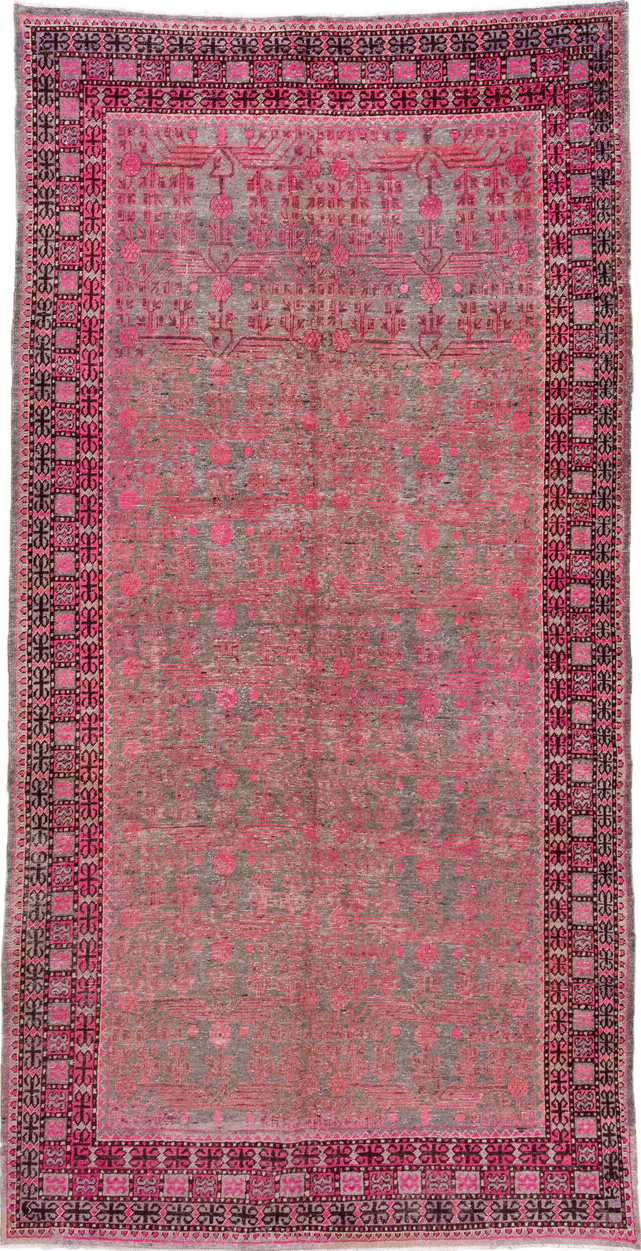 6' x 11' one-of-a-kind handmade vintage Khotan large size rug. Color palette: brown, gray, pink, red
