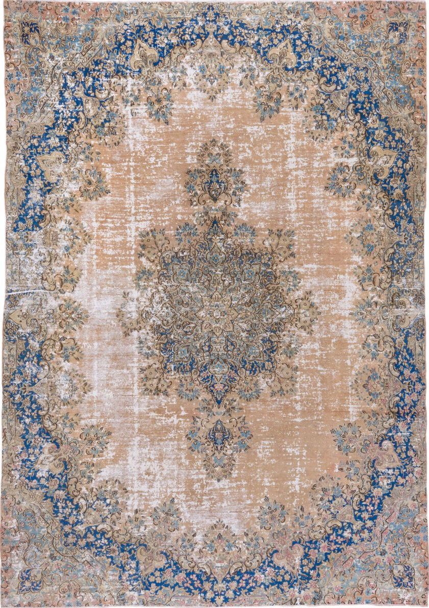 8' x 12' one-of-a-kind handmade vintage Kerman large size rug. Color palette: blue, brown, fiord, gray, off-white, orange