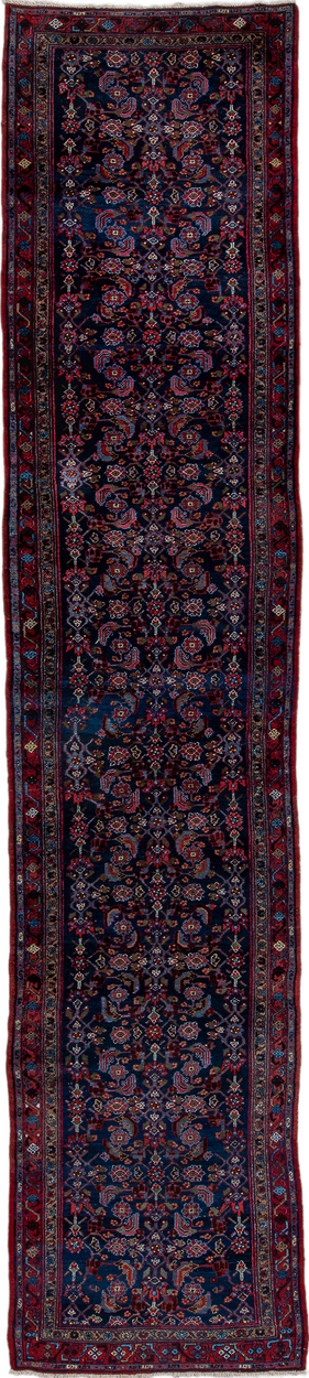 3' x 16' one-of-a-kind handmade vintage Hamadan runner rug. Color palette: black, blue, brown, fiord, gray, pink, red