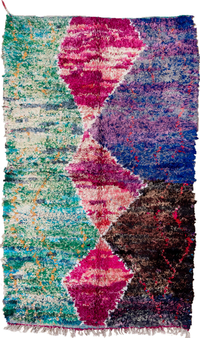 5' x 8' one-of-a-kind handmade vintage Rag Rug medium size rug. Color palette: blue, brown, gray, green, light gray