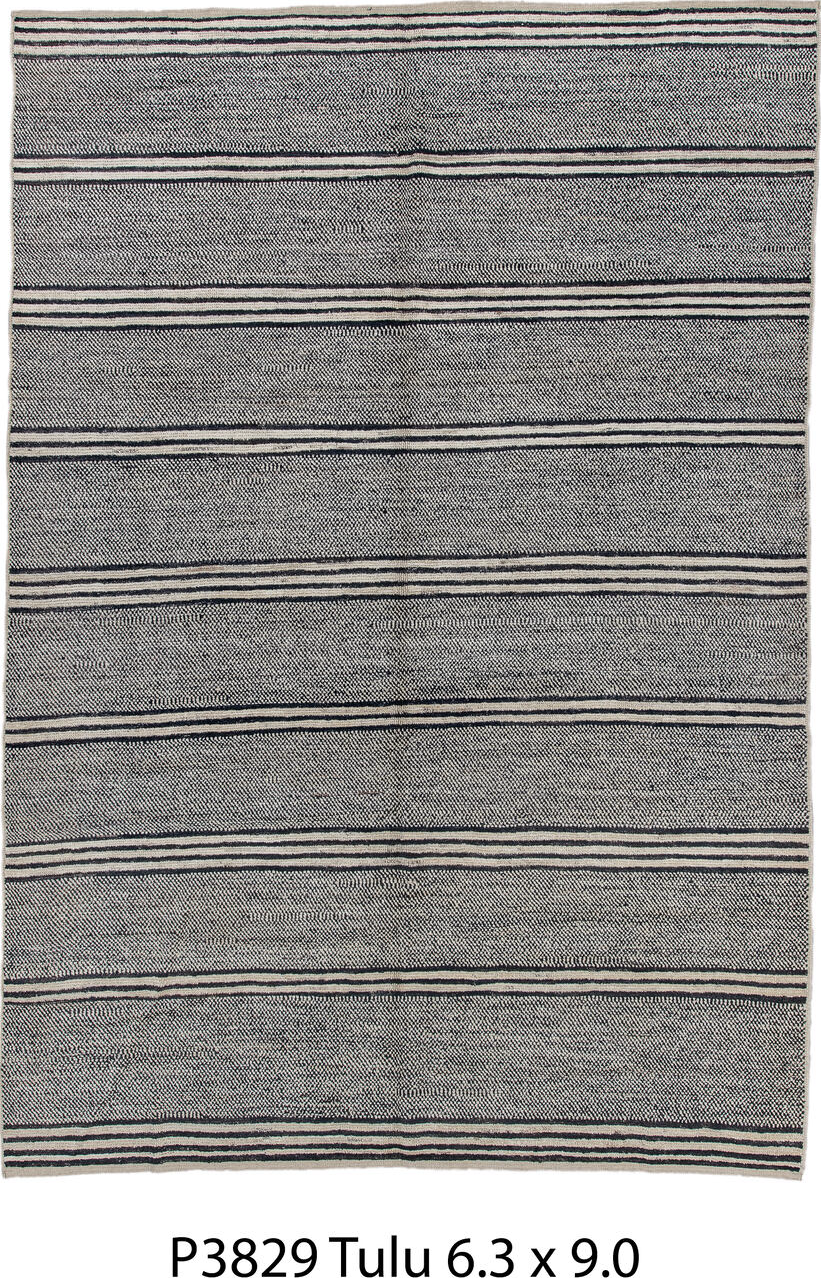 6' x 9' one-of-a-kind handmade vintage Tulu medium size rug. Color palette: black, blue, charcoal, dark gray, dim gray