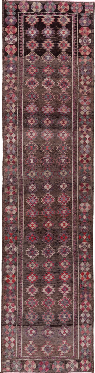 3' x 12' one-of-a-kind handmade vintage Kars runner rug. Color palette: brown, gray, light gray, pink, red