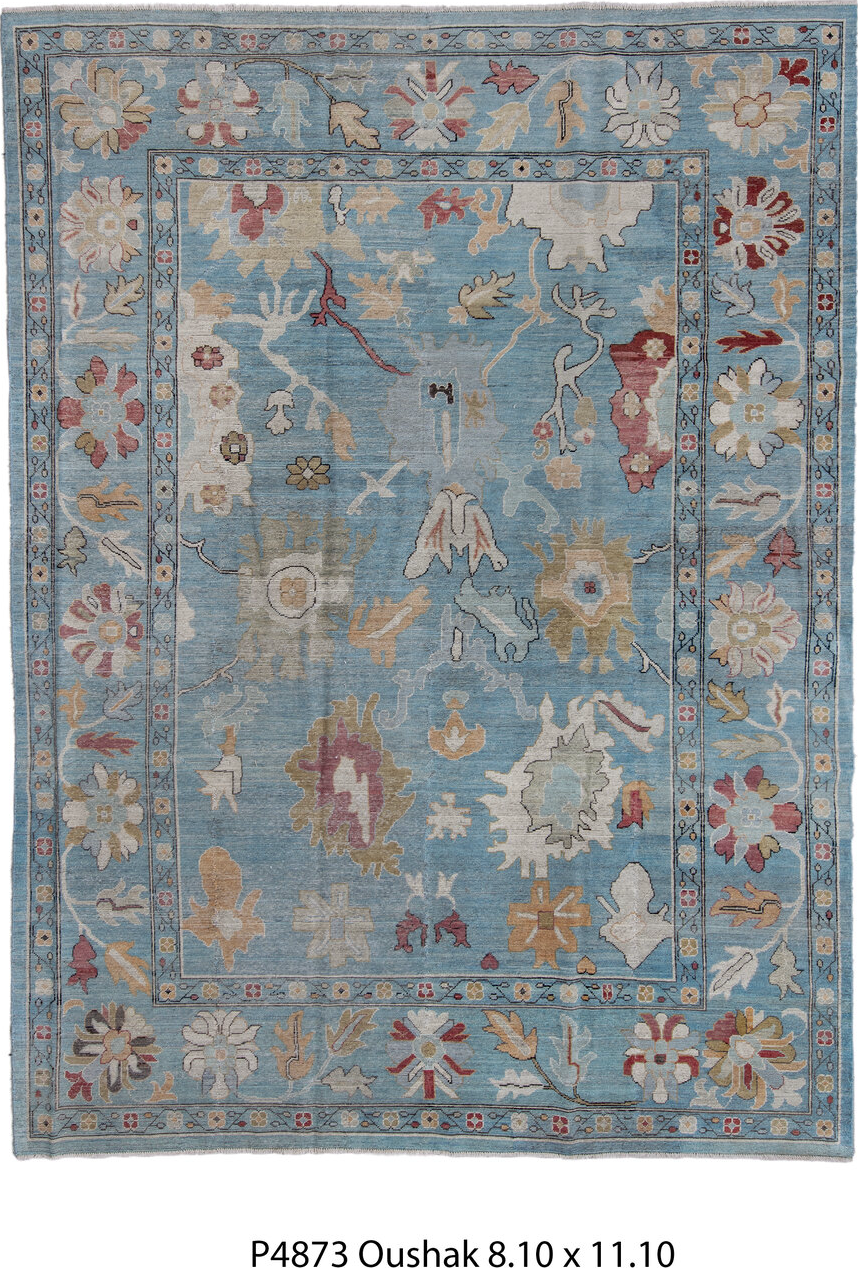 8' x 11' one-of-a-kind handmade vintage Oushak large size rug. Color palette: black, blue, brown, charcoal, dark gray