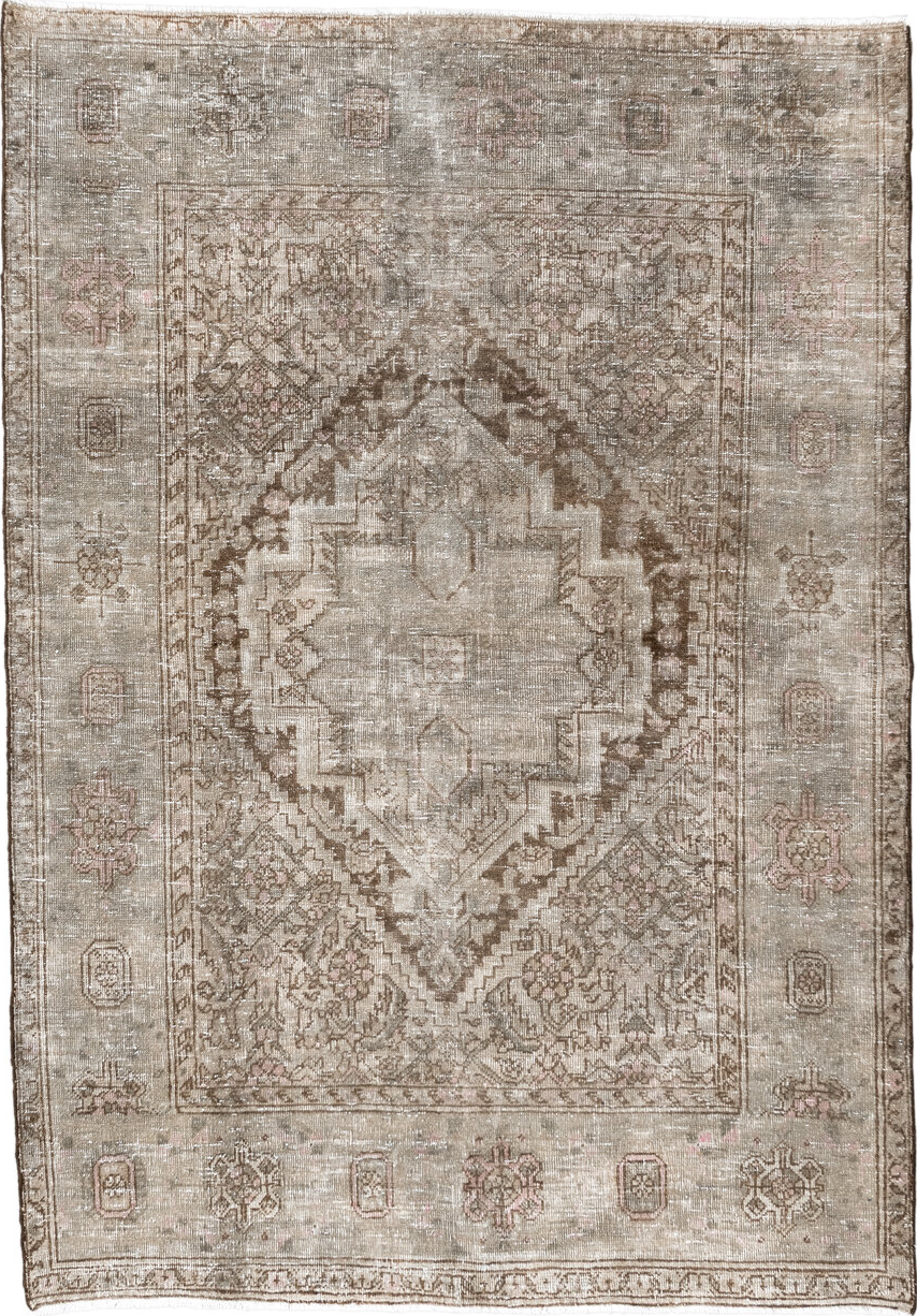 3' x 5' one-of-a-kind handmade vintage Sarouk small size rug. Color palette: brown, gray, light gray, linen, off-white