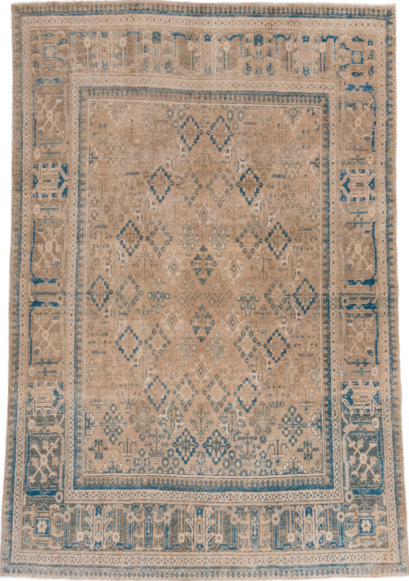 6' x 10' one-of-a-kind handmade vintage Joshegan large size rug. Color palette: arapawa, blue, brown, gray, light gray