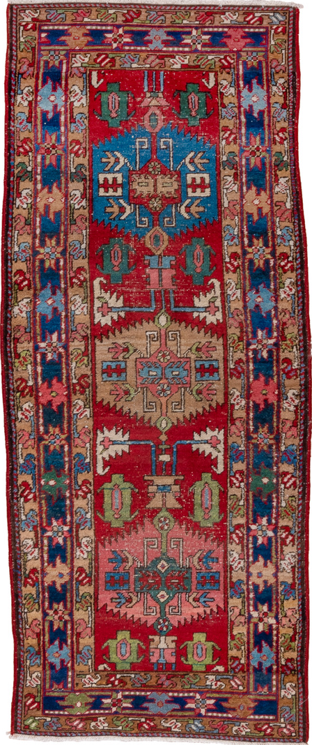 3' x 7' one-of-a-kind handmade vintage Heriz runner rug. Color palette: arapawa, blue, brown, dark gray, gray, pink, red