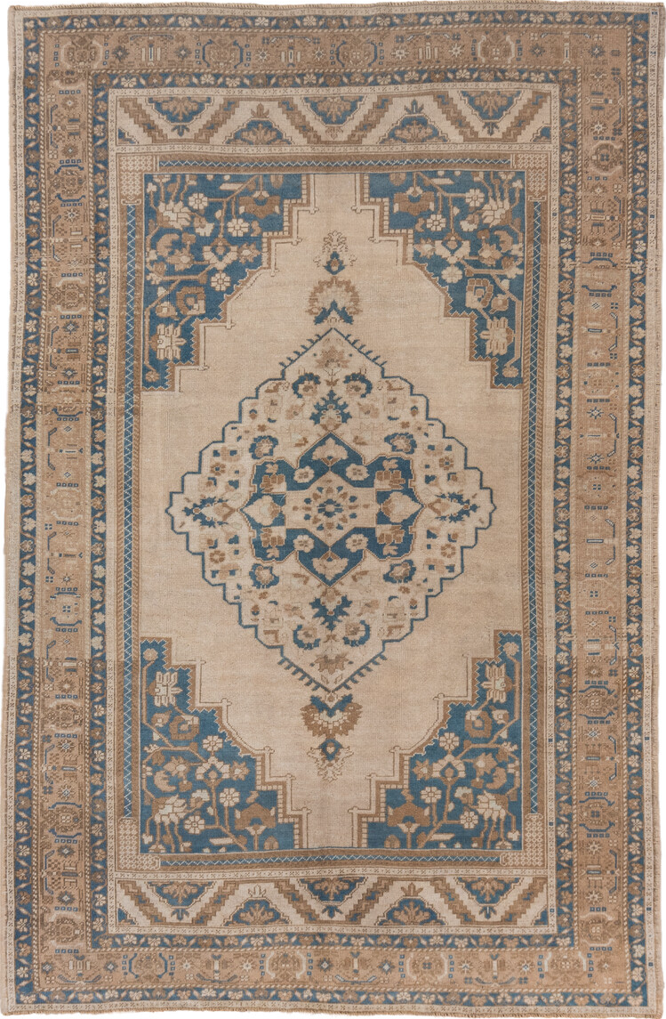 6' x 9' one-of-a-kind handmade vintage Oushak medium size rug. Color palette: brown, gray, light gray, off-white, pink