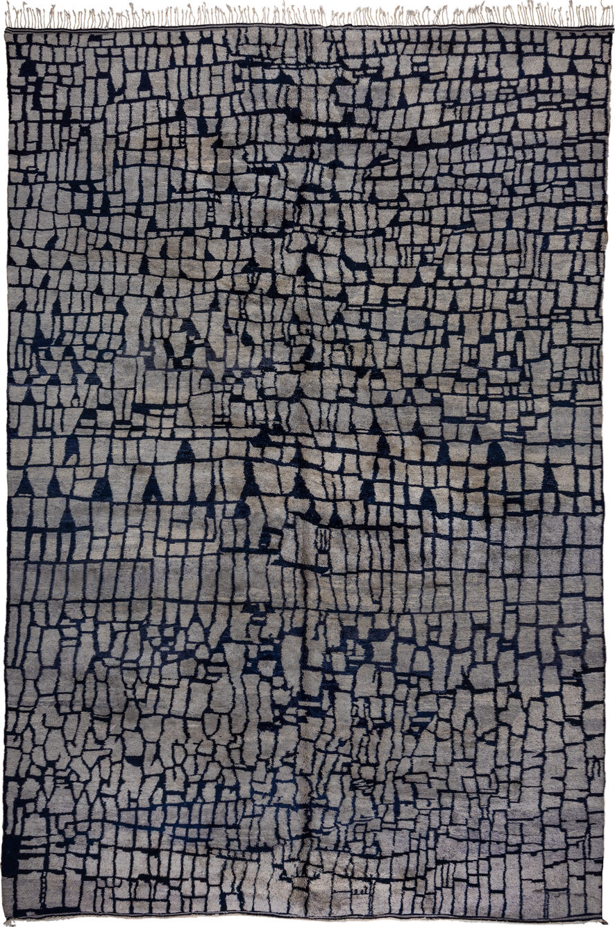 13' x 20' one-of-a-kind handmade vintage Moroccan oversize rug. Color palette: black, blue, dark gray, dim gray, gray