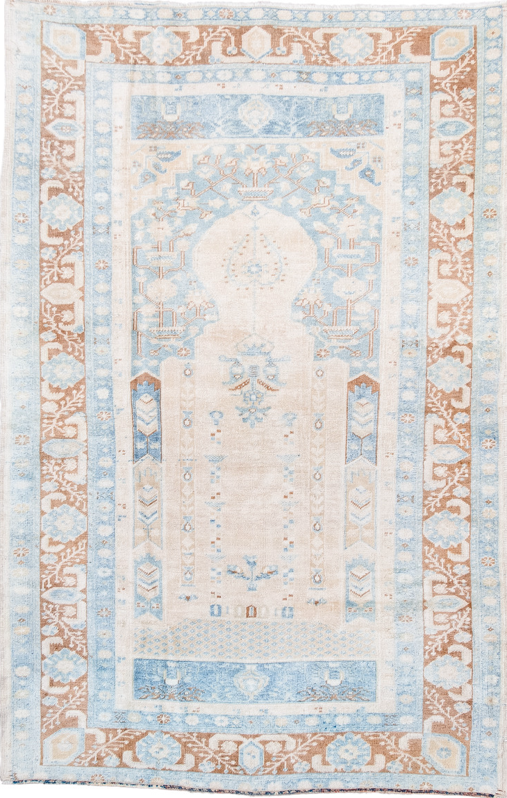 3' x 5' one-of-a-kind handmade vintage Anatol small size rug. Color palette: brown, gainsboro, gray, light blue, light gray