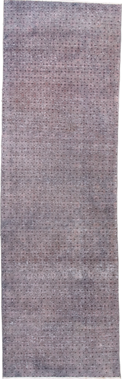2' x 8' one-of-a-kind handmade vintage Overdyed runner rug. Color palette: brown, gray, light gray, off-white, pink, snow