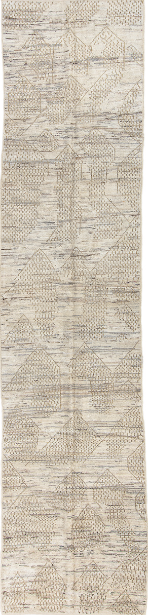 3' x 13' one-of-a-kind handmade vintage Tulu runner rug. Color palette: blue, brown, dark gray, gray, light blue, light gray