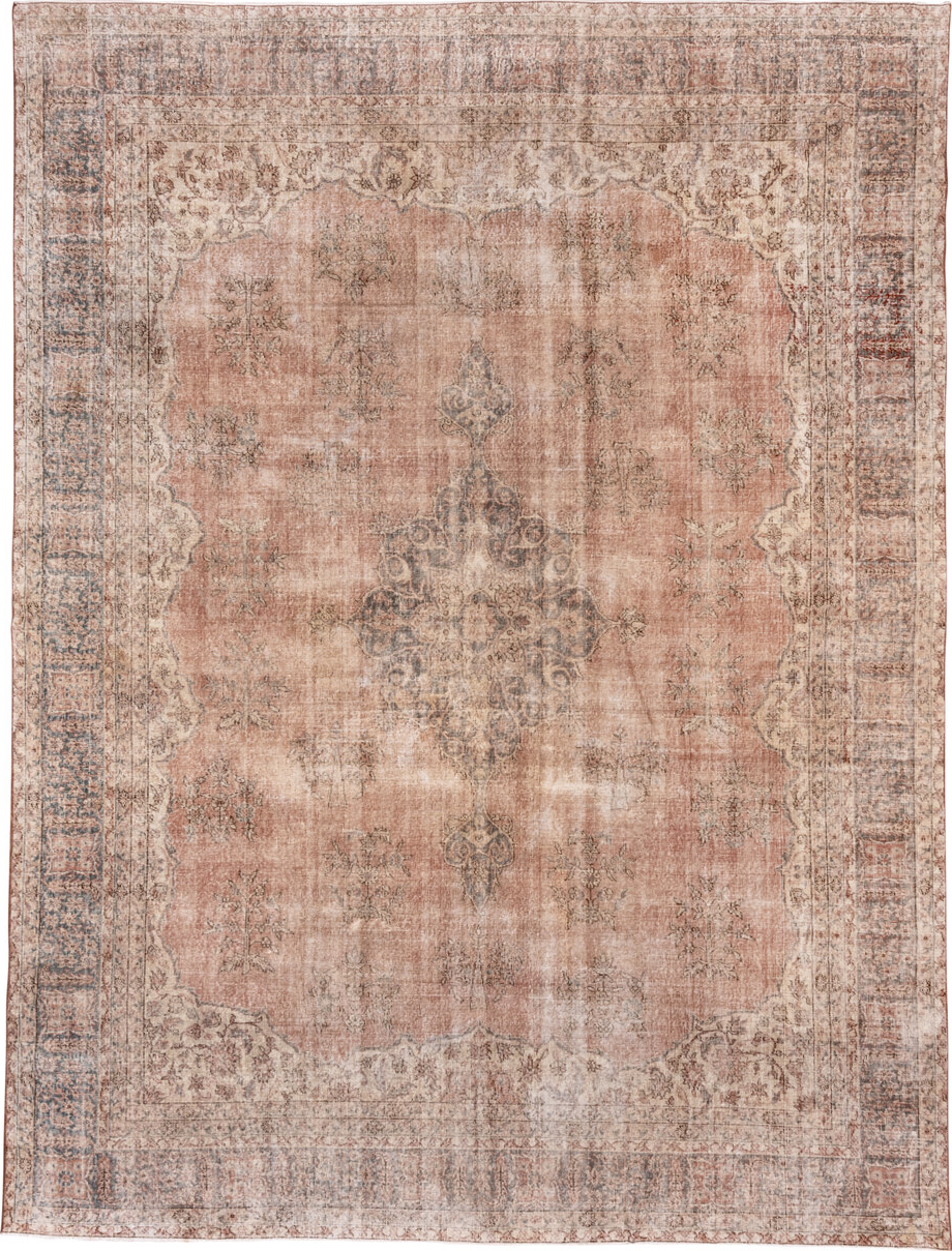 9' x 13' one-of-a-kind handmade vintage Sparta large size rug. Color palette: brown, gray, light gray, off-white, orange