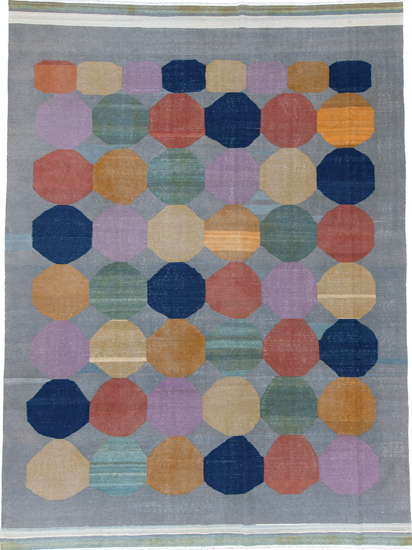 9' x 12' one-of-a-kind handmade vintage Kilim large size rug. Color palette: black, blue, brown, dim gray, gray, light gray