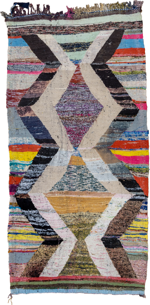 4' x 8' one-of-a-kind handmade vintage Rag Rug runner rug. Color palette: blue, brown, dim gray, fiord, gray, light gray