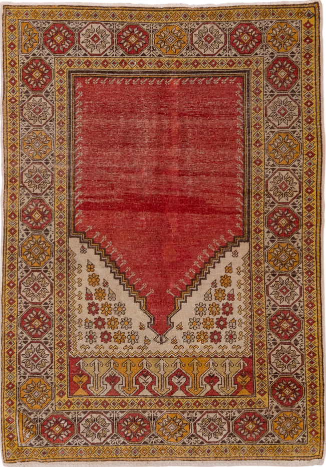 4' x 5' one-of-a-kind handmade vintage Oushak small size rug. Color palette: brown, gray, light gray, off-white, pink, red