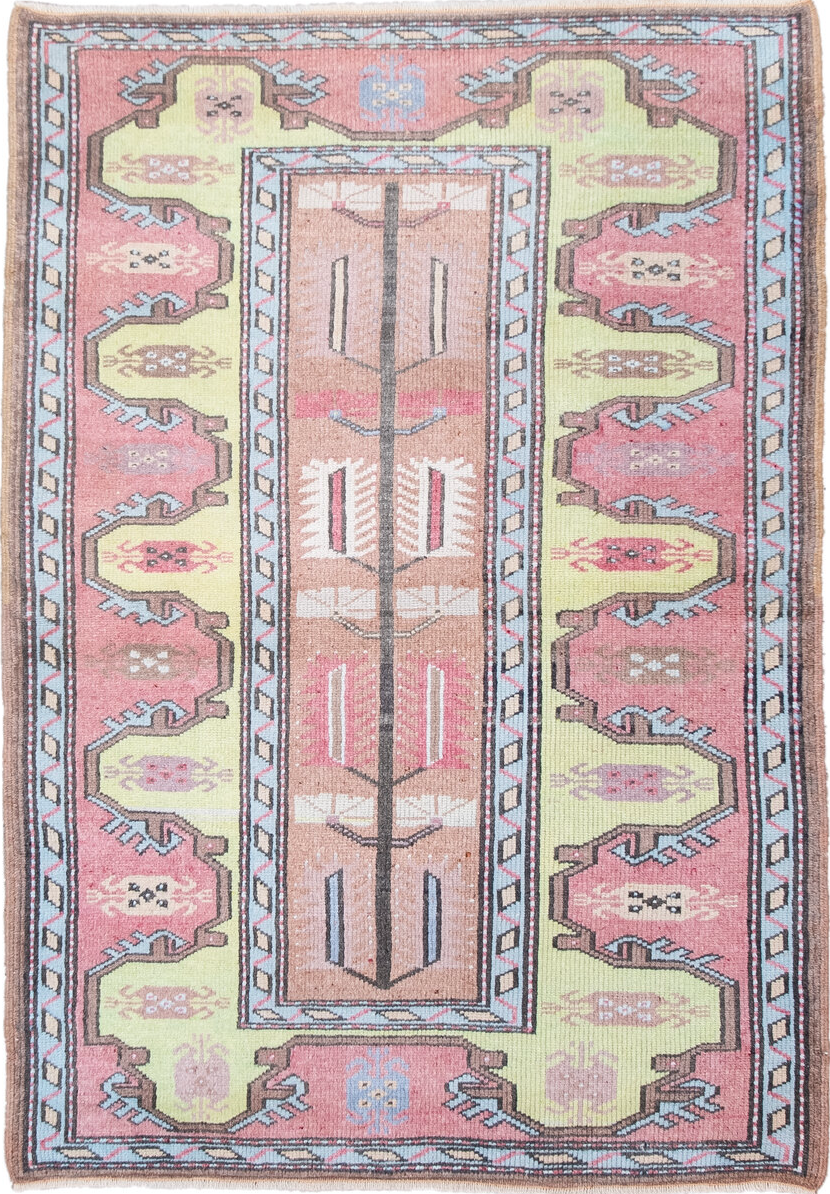 2' x 4' one-of-a-kind handmade vintage Anatol small size rug. Color palette: antiquewhite, beige, dim gray, gray, light blue