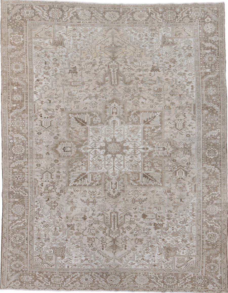 10' x 13' one-of-a-kind handmade vintage Heriz large size rug. Color palette: brown, gainsboro, gray, light gray, off-white