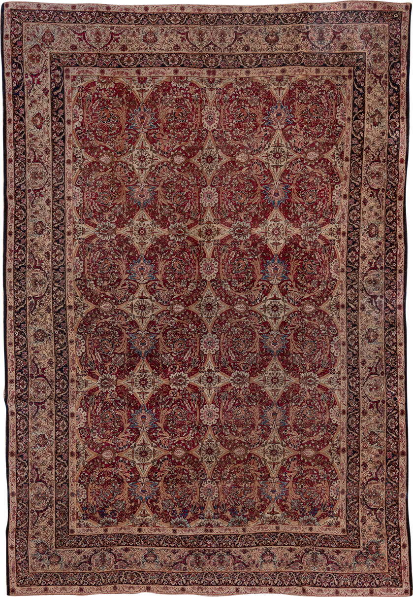 8' x 12' one-of-a-kind handmade vintage Lavar large size rug. Color palette: black, blue, brown, gray, pink, red