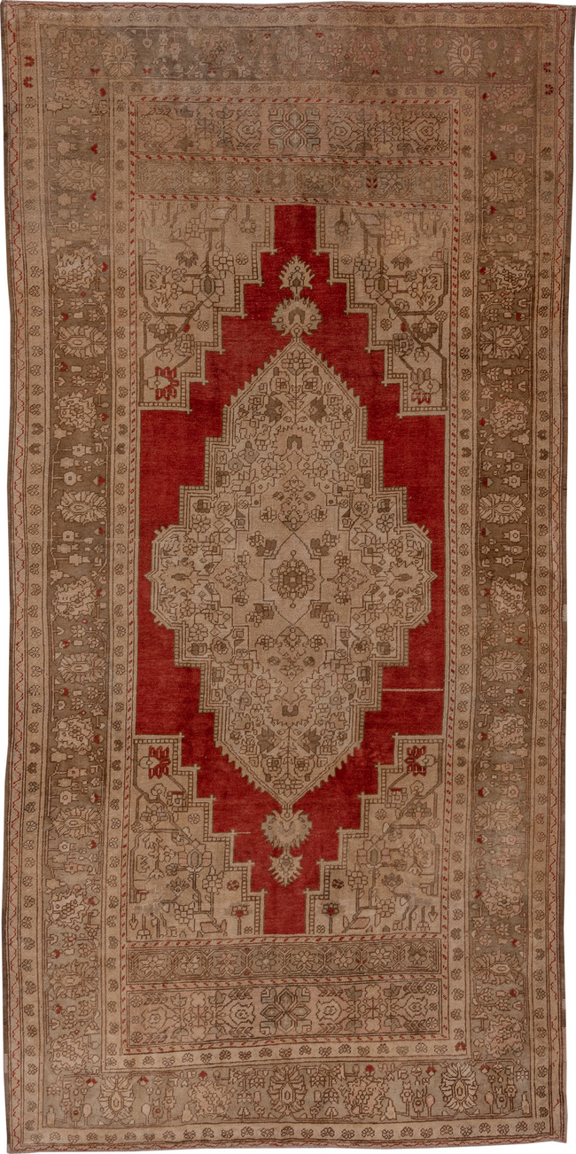 6' x 12' one-of-a-kind handmade vintage Oushak large size rug. Color palette: brown, gray, light gray, pink, red