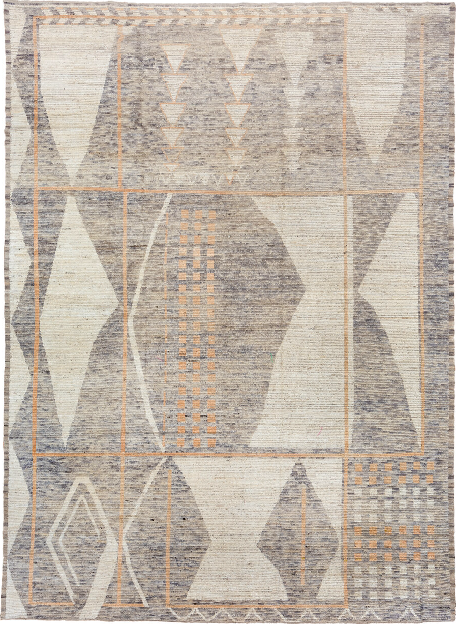 3' x 12' one-of-a-kind handmade vintage Anatol runner rug. Color palette: gray, off-white, light gray, brown, orange, silver