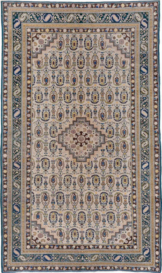 5' x 8' one-of-a-kind handmade vintage Sivas medium size rug. Color palette: blue, brown, fiord, gray, light gray, silver