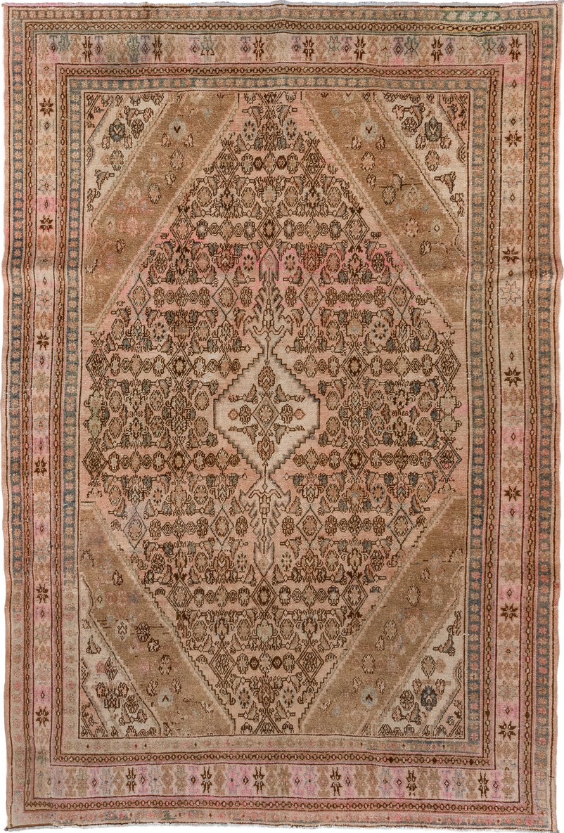 7' x 10' one-of-a-kind handmade vintage Hamadan large size rug. Color palette: brown, gray, off-white, orange, pink, tan