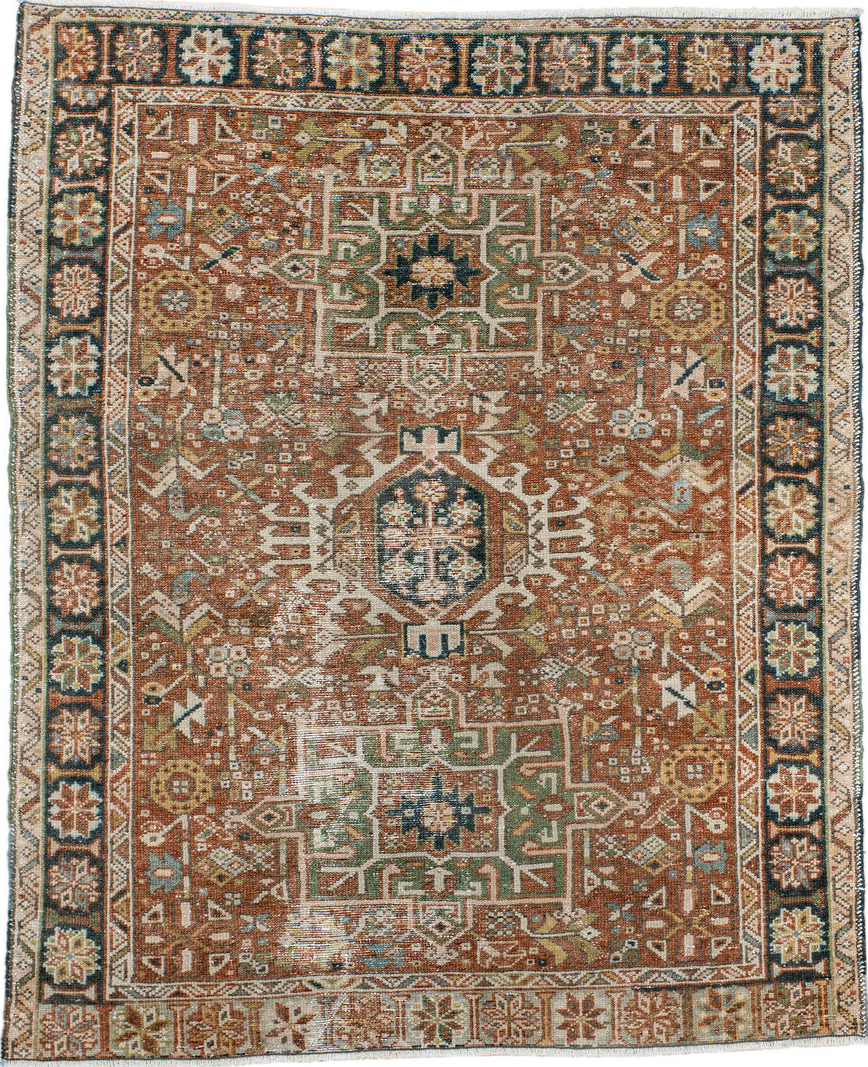 3' x 4' one-of-a-kind handmade vintage Karaje small size rug. Color palette: black, blue, brown, charcoal, dark gray, gray