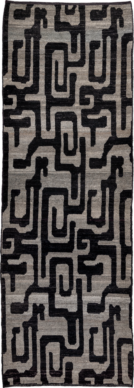 3' x 10' one-of-a-kind handmade vintage Tulu runner rug. Color palette: gray, black, charcoal