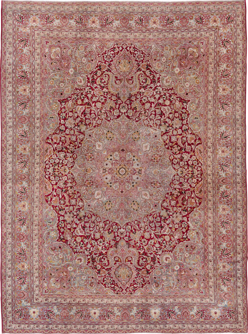 8' x 11' one-of-a-kind handmade vintage Meshed large size rug. Color palette: brown, gray, light gray, off-white, pink, red