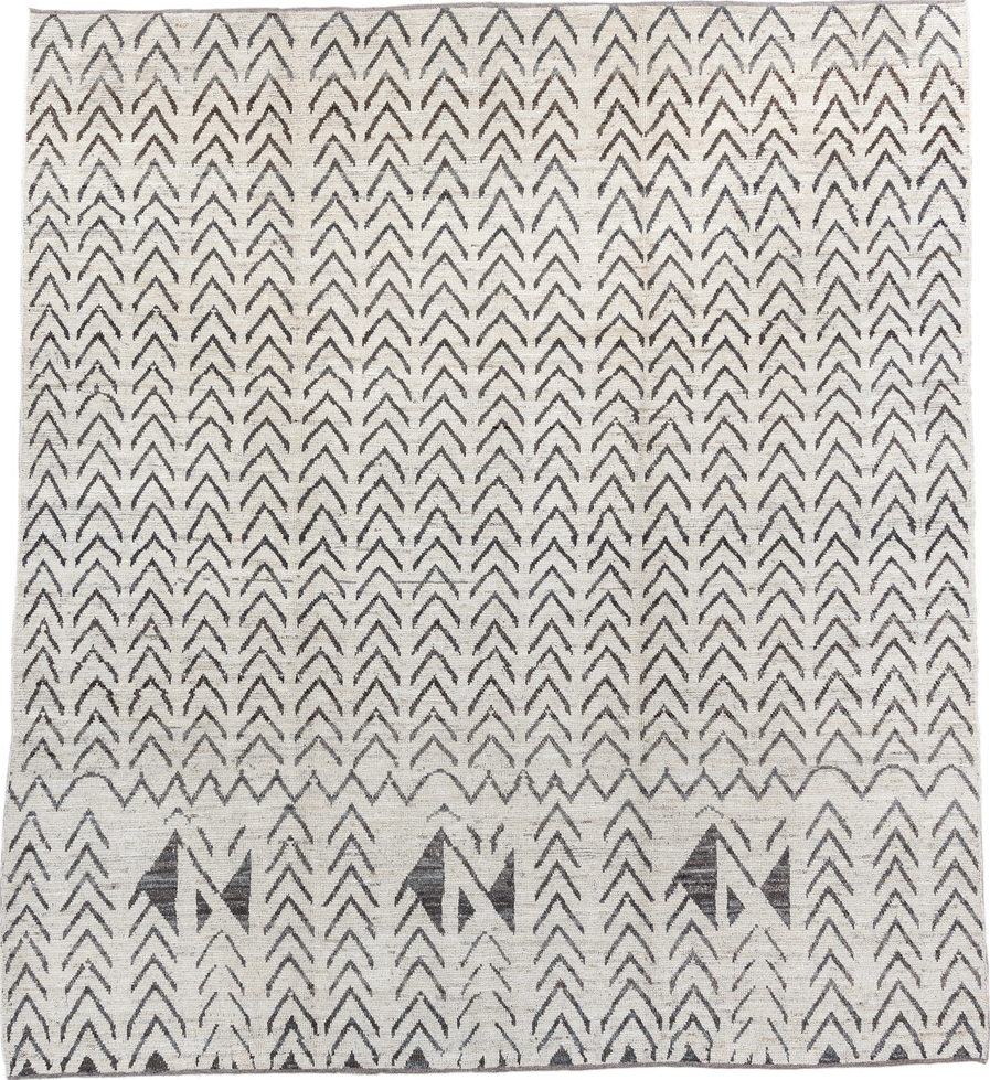 8' x 9' one-of-a-kind handmade vintage Tulu rug. Color palette: black, charcoal, dark gray, dim gray, gainsboro, gray