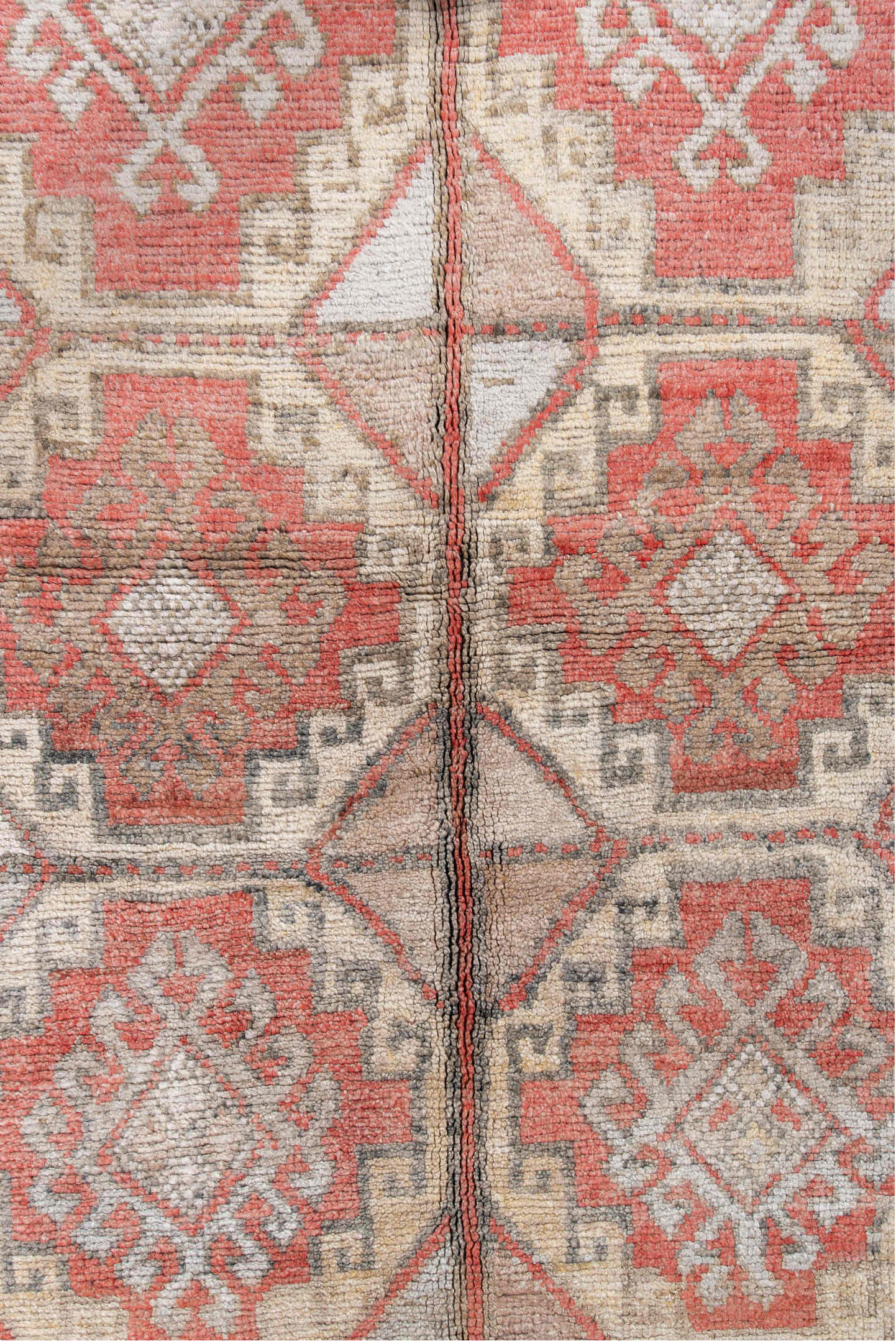 4' x 7' one-of-a-kind handmade vintage Anatol rug. Color palette: brown, gray, light gray, off-white, pink, red, silver