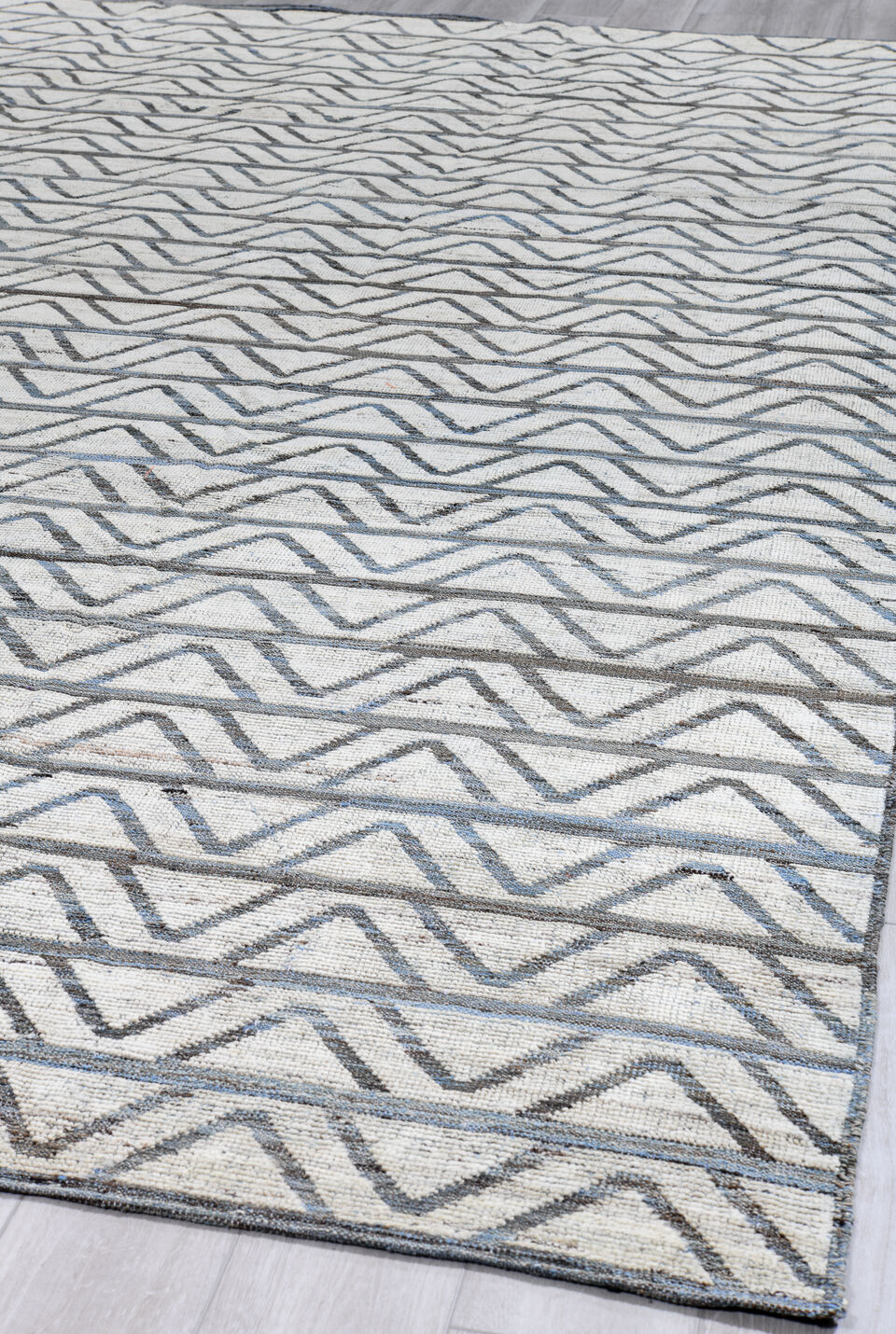 9' x 13' one-of-a-kind handmade vintage Tulu large size rug. Color palette: black, blue, charcoal, dark gray, dim gray