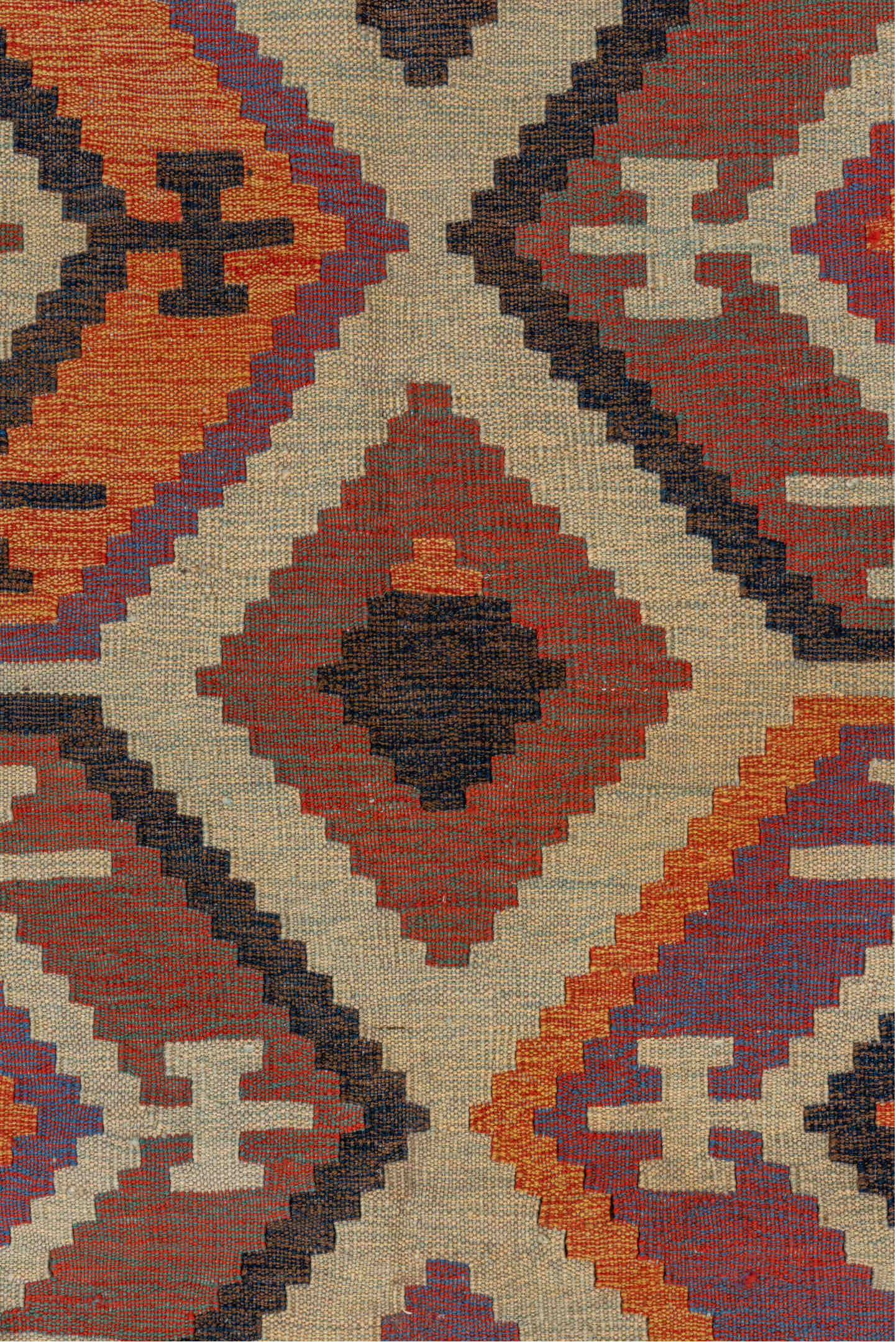 12' x 18' one-of-a-kind handmade vintage Kilim oversize rug. Color palette: brown, gray, orange, pink, red, wine