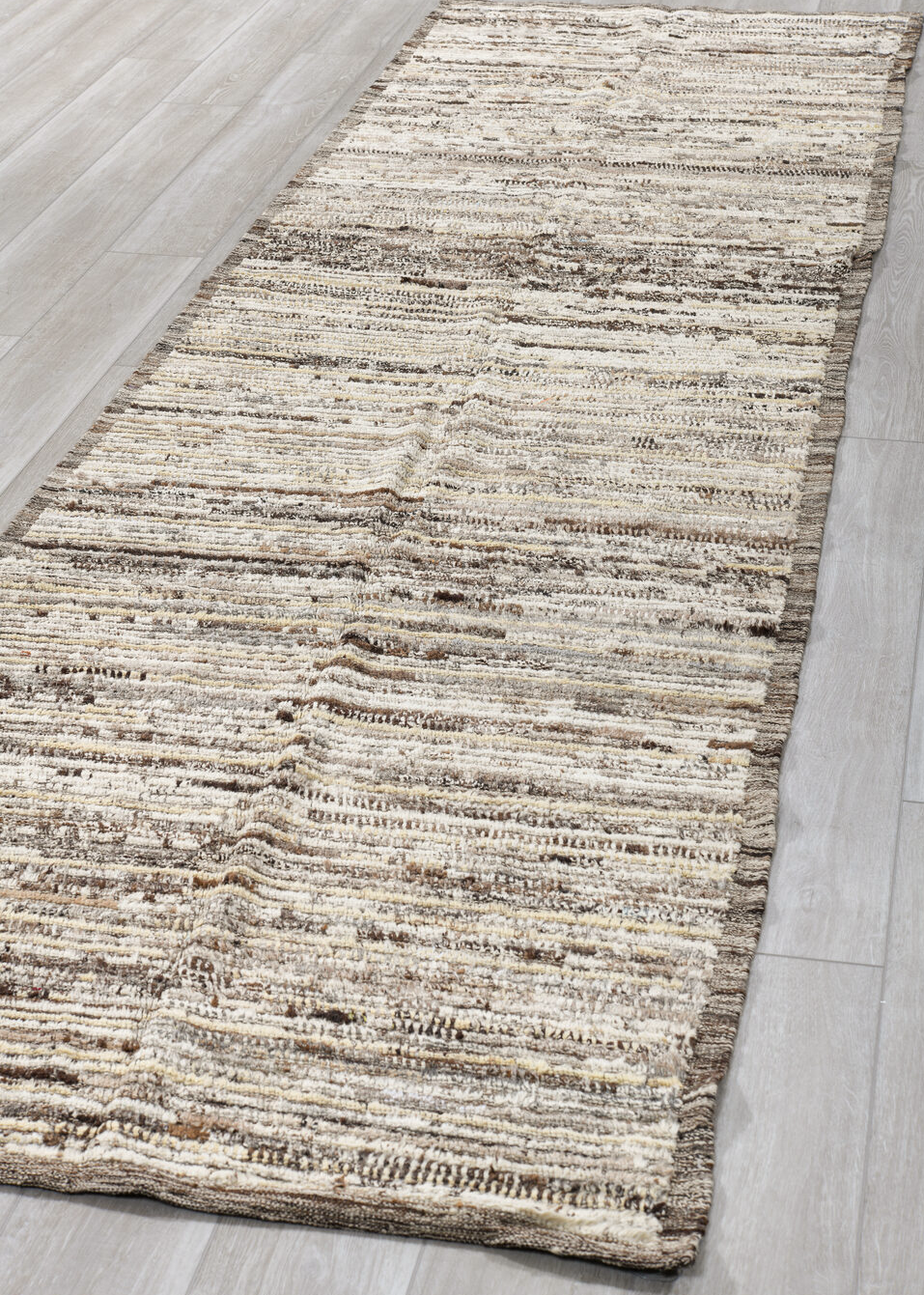 3' x 11' one-of-a-kind handmade vintage Tulu runner rug. Color palette: black, brown, charcoal, dark gray, dim gray