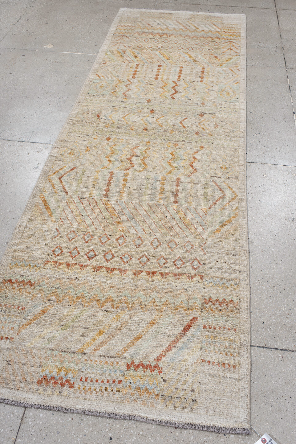 3' x 9' one-of-a-kind handmade vintage Kilim runner rug. Color palette: off-white, gray, brown, orange, light gray, pink