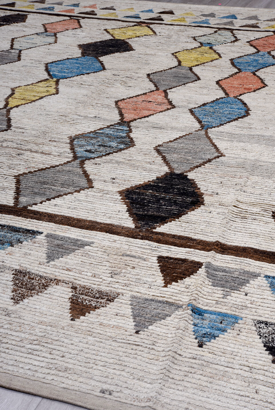 14' x 16' one-of-a-kind handmade vintage Tulu oversize rug. Color palette: black, blue, brown, dark gray, gainsboro, gray