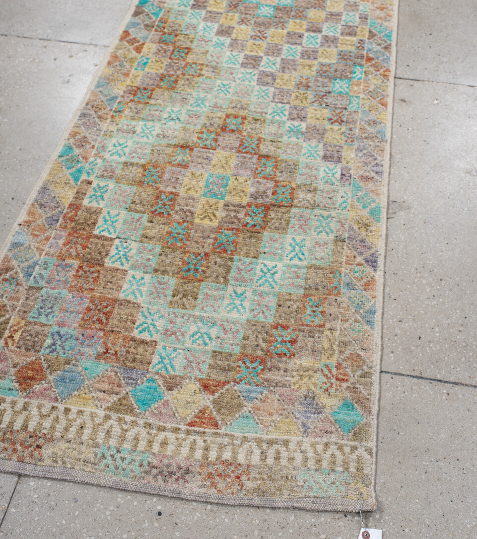 2' x 9' one-of-a-kind handmade vintage Tulu runner rug. Color palette: blue, orange, off-white, gray, light gray, brown
