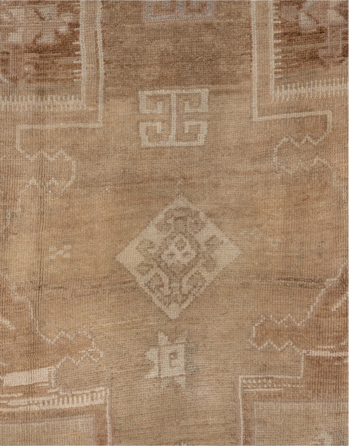 6' x 14' one-of-a-kind handmade vintage Oushak large size rug. Color palette: brown, off-white, orange, pink, tan