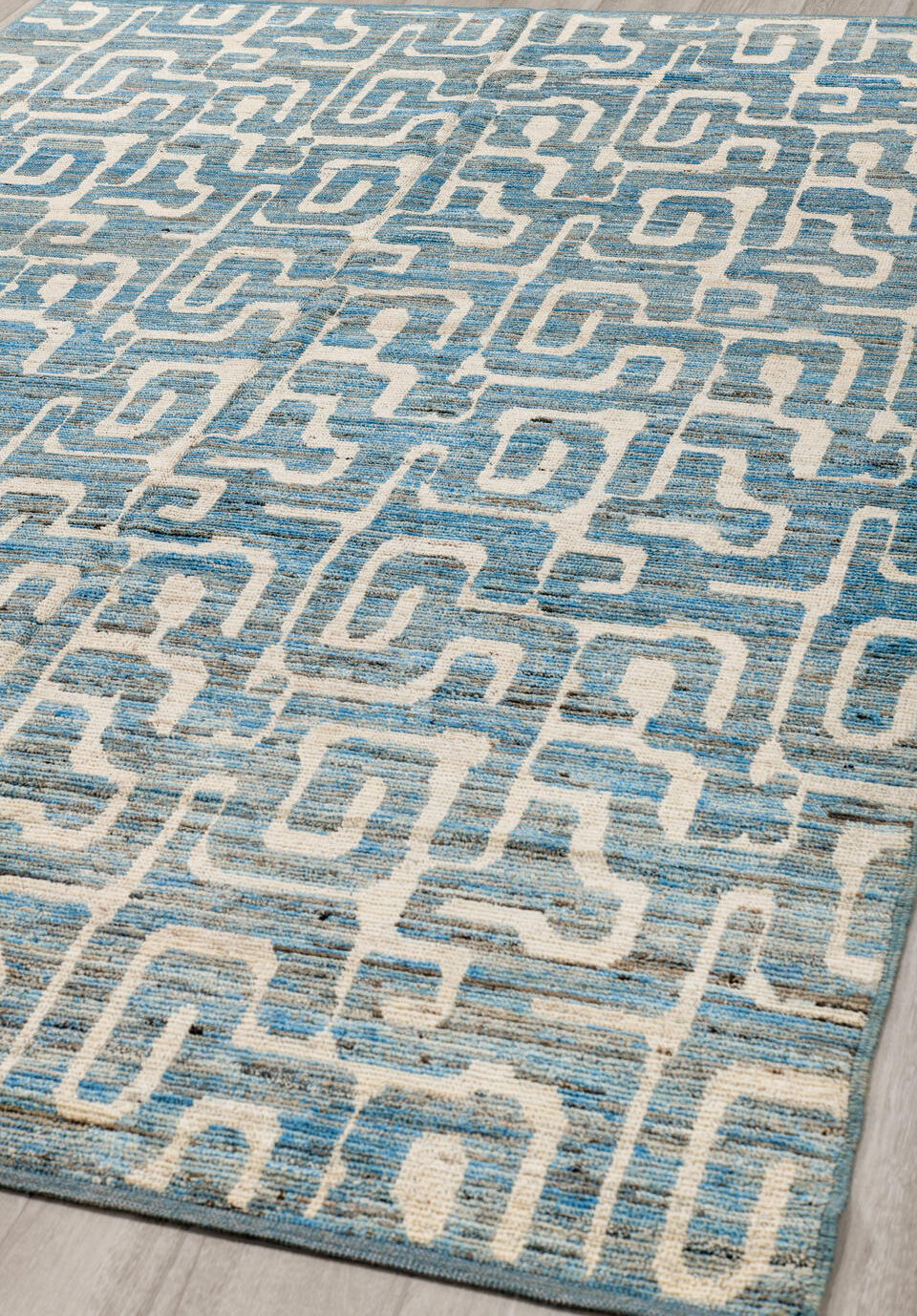 6' x 9' one-of-a-kind handmade vintage Tulu medium size rug. Color palette: black, blue, brown, dim gray, gray, light blue