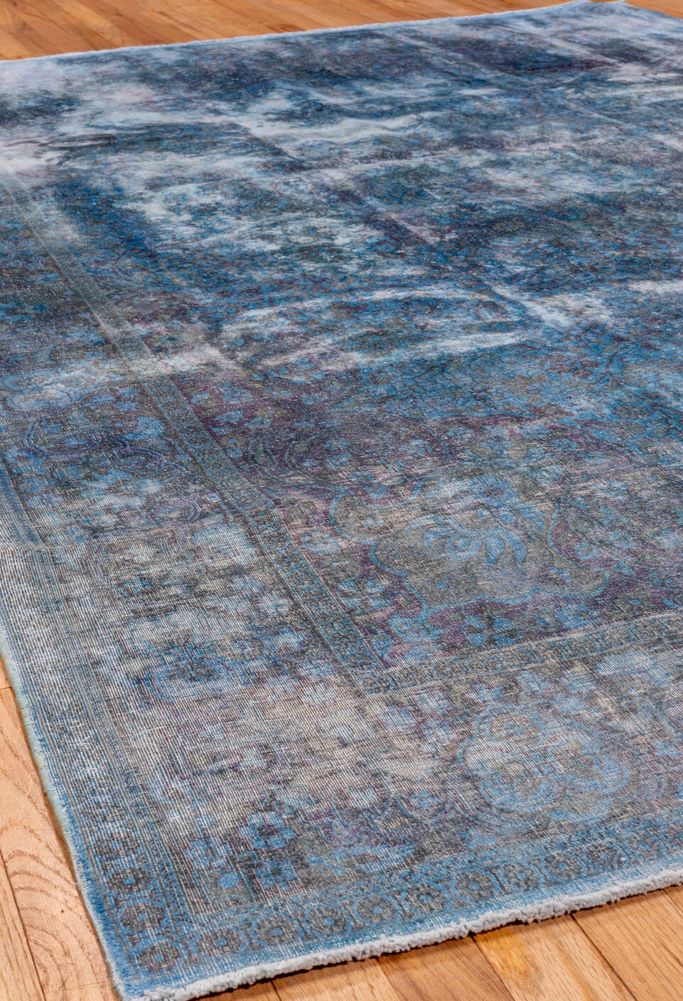 5' x 9' one-of-a-kind handmade vintage Overdyed medium size rug. Color palette: blue, gray, light blue, light steel blue